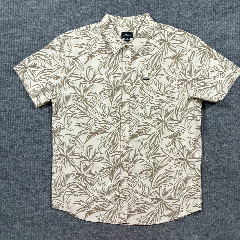 O'Neill Button Up Shirt Mens XL Beige Floral Standard Fit Short Sleeve‎ Casual